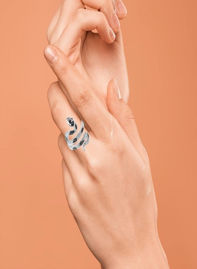 HAIXIAN Snake Ring, Gothic Punk Style, Silver plated Open Wrap Design, Women's Cocktail Party Jewelry Fashion (Ring_A_blacks, Adjustable) - Image 3